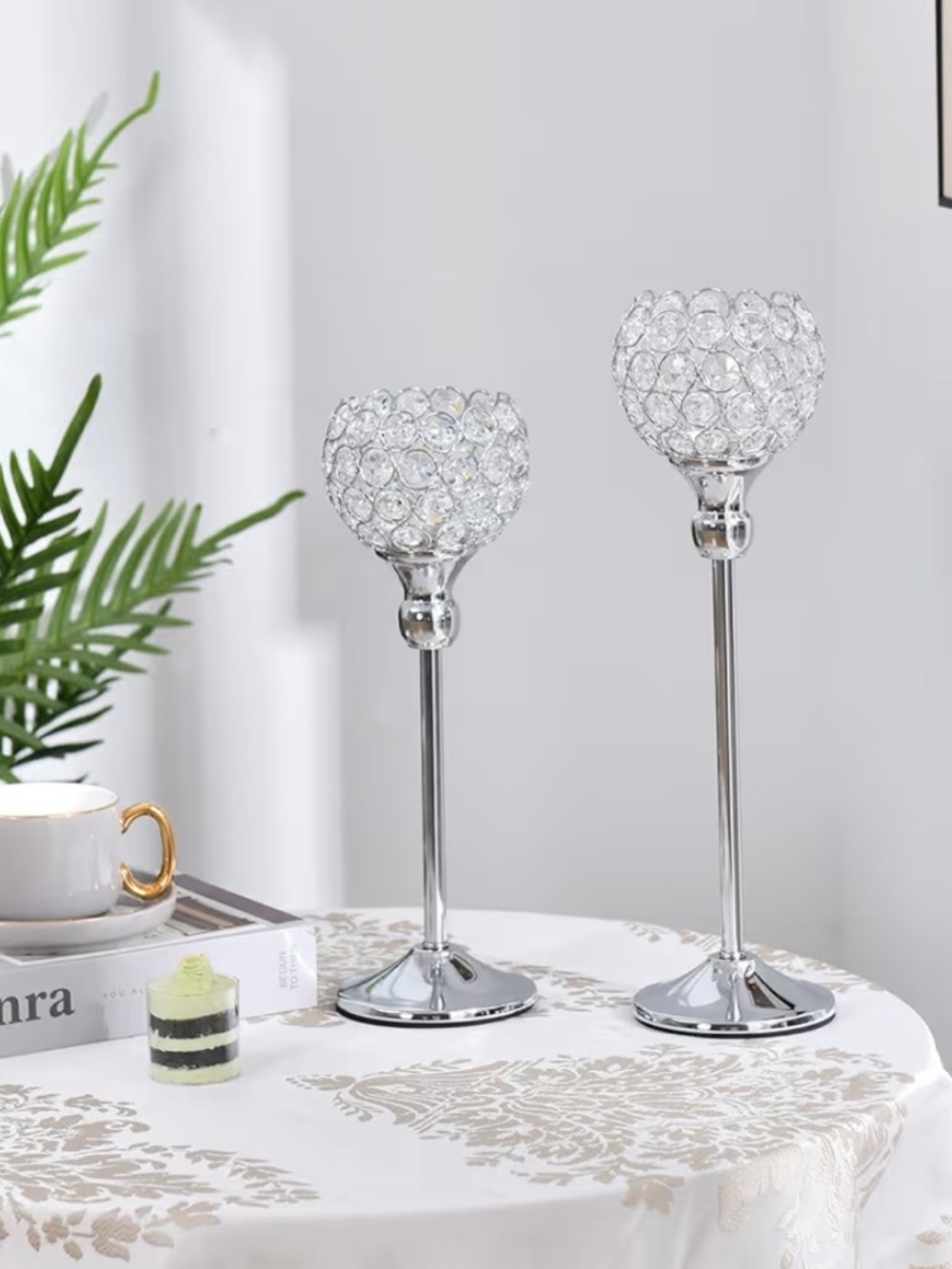 Set of 2 Silver Crystal Globe Votive Candle Holders